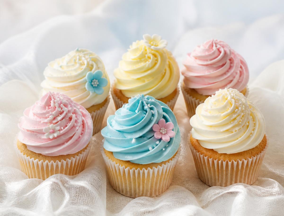 Pastel cupcakes with buttercream swirls