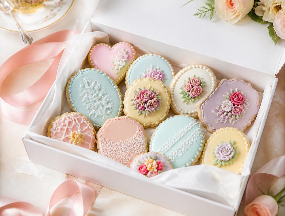 Gift box filled with pastel decorated biscuits