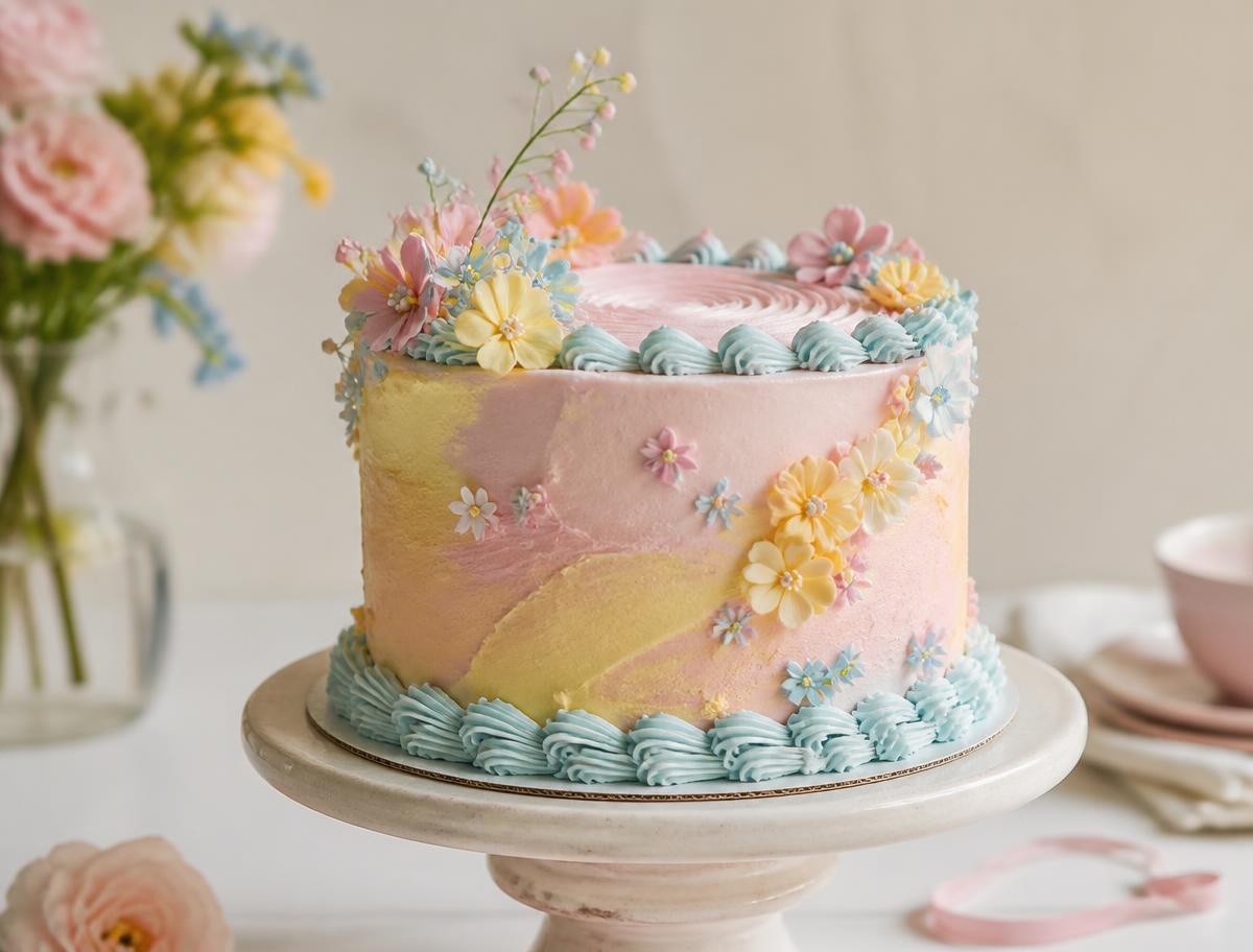 Pastel celebration cake with piped buttercream flowers